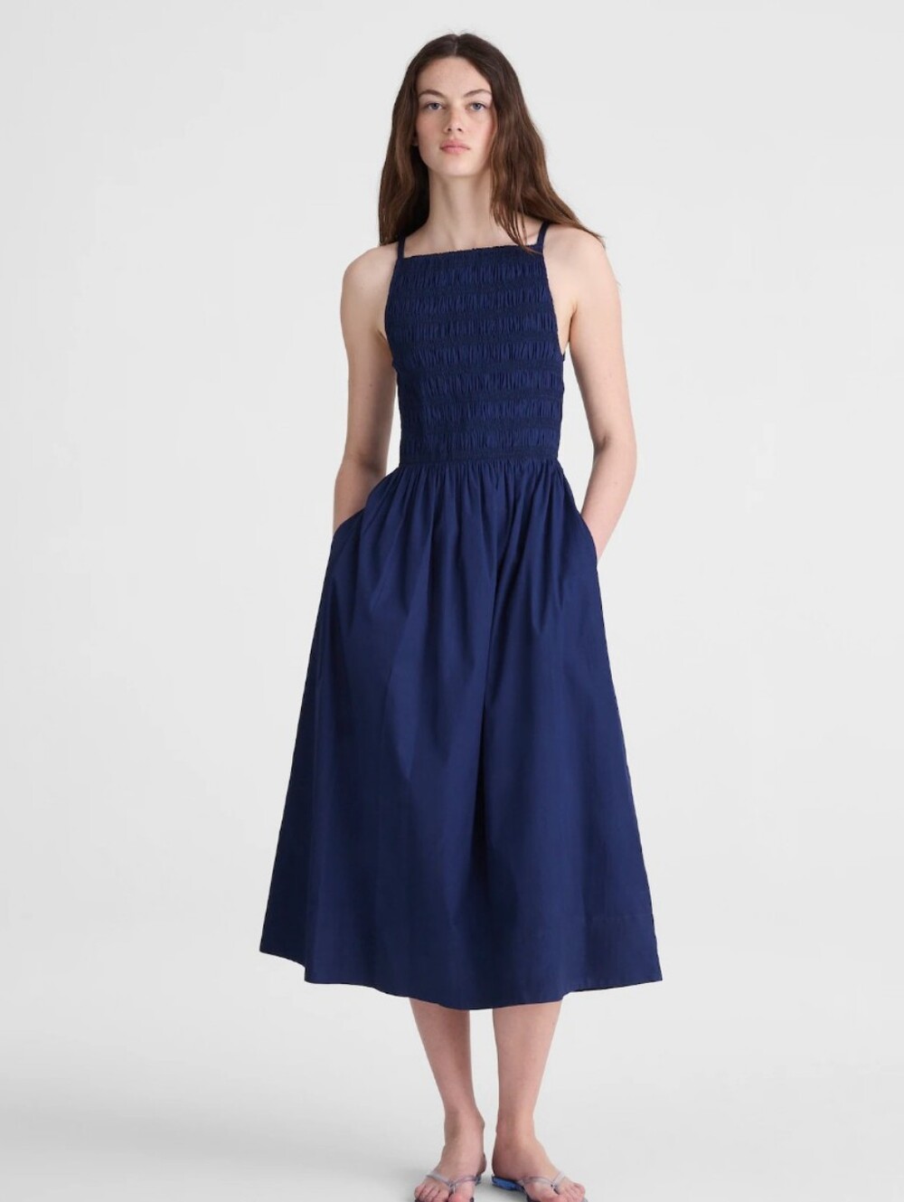 Madewell Boatneck Smocked Midi Dress OA323 Size S Indigo $168 Retail